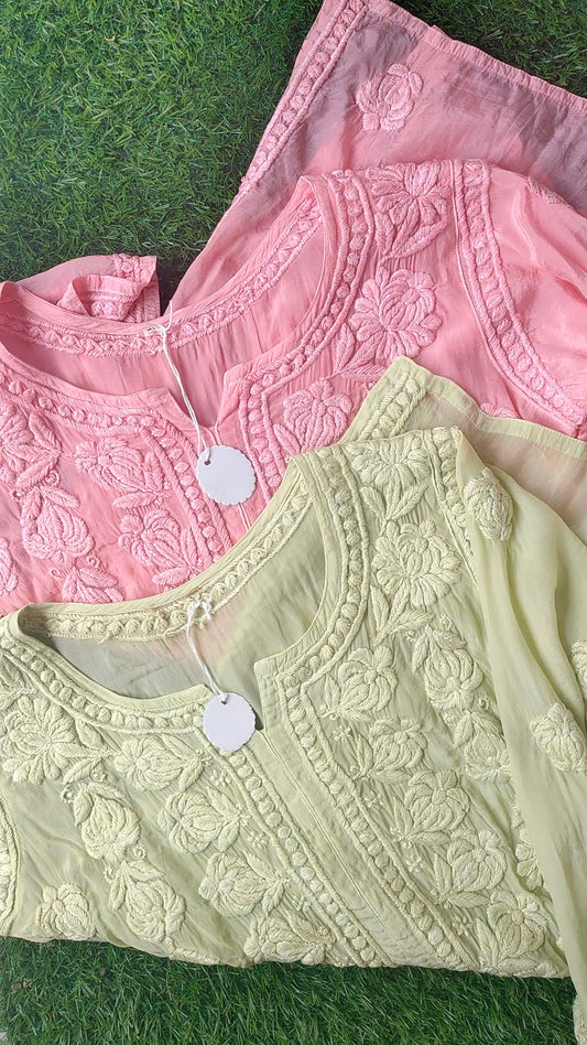 Pink GULAB Premium Silk Chikankari Short Top by LVW Fashions, handmade Lucknow Chikankari kurta, silk fabric, 30+ length.