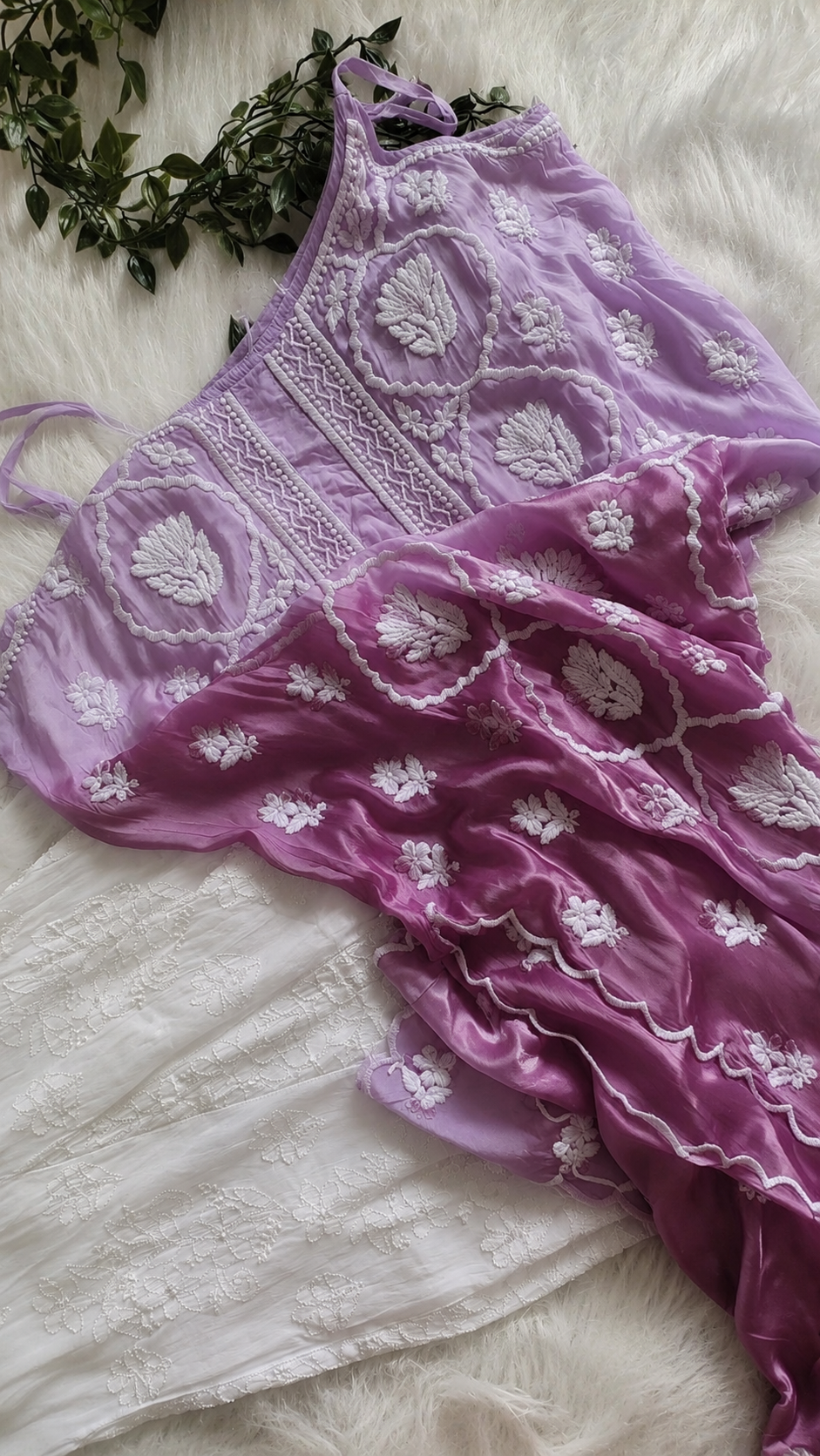 Handmade plum ombre tulip crepe silk tunic with intricate Lucknow chikankari embroidery by LVW Fashions.