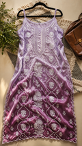 Handcrafted plum ombre tulip tunic in premium crepe silk with intricate Lucknow Chikankari embroidery by LVW Fashions.