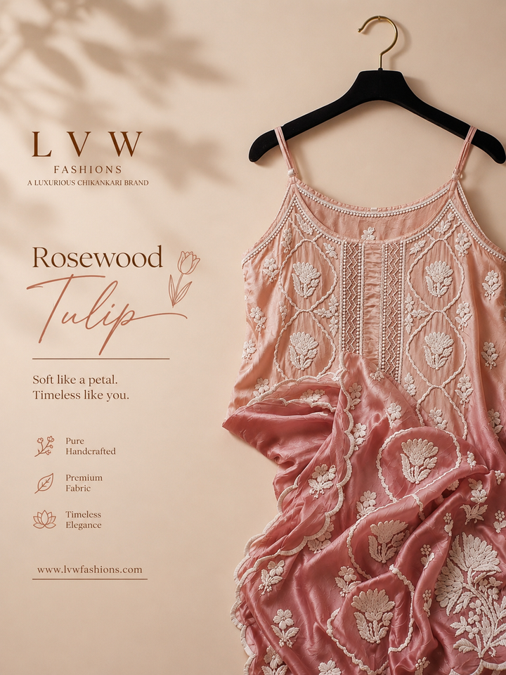 Elegant Rosewood Tulip crepe silk handcrafted tunic by LVW Fashions featuring traditional Lucknow Chikankari embroidery.