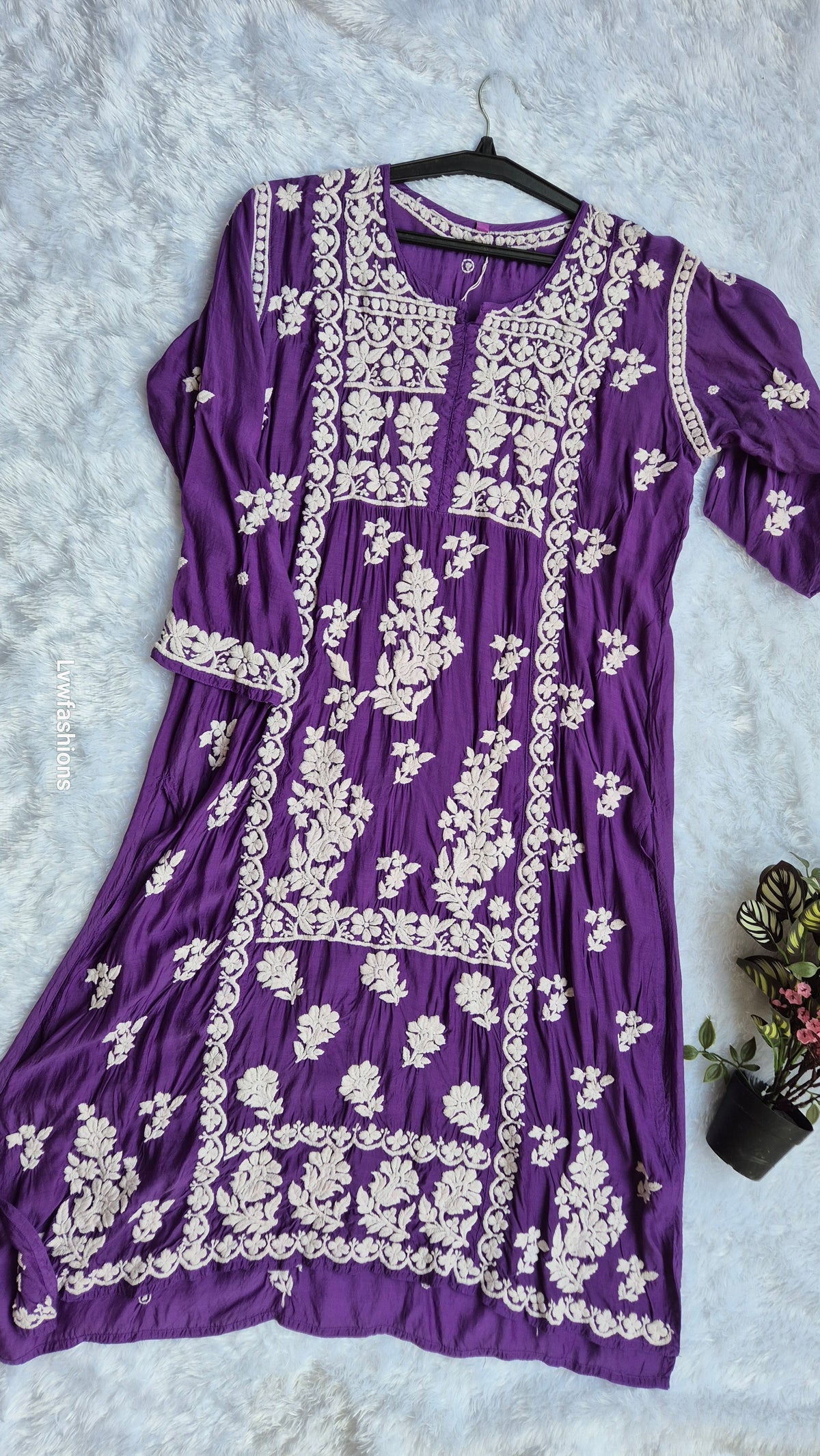 Beautiful premium silk Chikankari midi tunic by LVW Fashions featuring intricate Lucknow Chikankari embroidery.