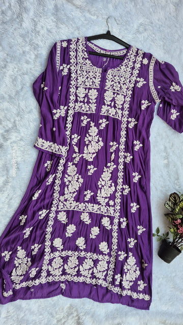 Beautiful premium silk Chikankari midi tunic by LVW Fashions featuring intricate Lucknow Chikankari embroidery.