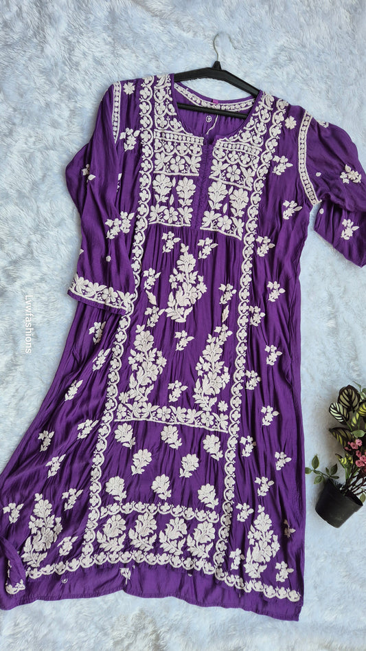 Beautiful premium silk Chikankari midi tunic by LVW Fashions featuring intricate Lucknow Chikankari embroidery.