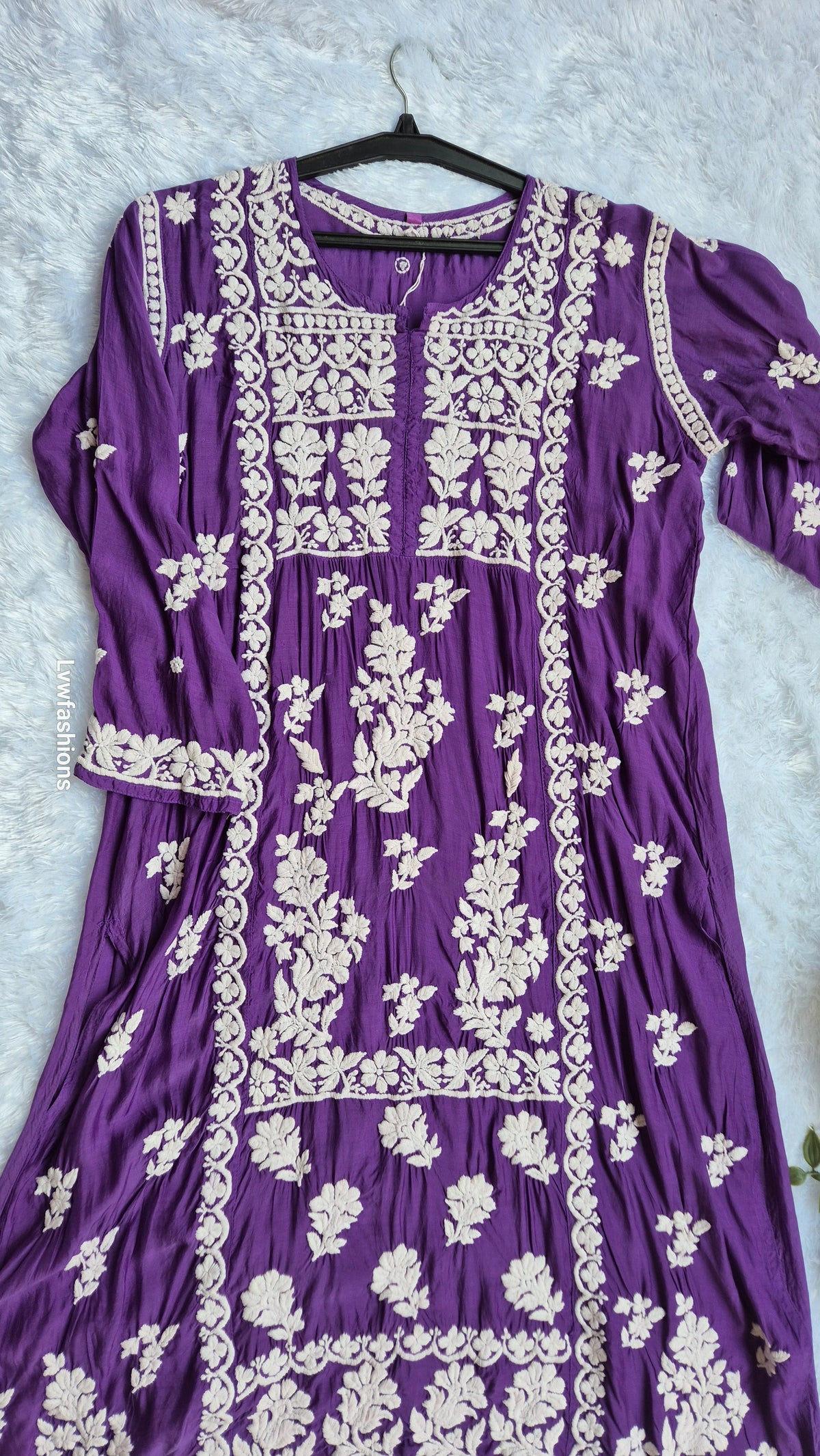 Beautiful premium silk Chikankari midi tunic by LVW Fashions featuring intricate handmade Lucknow Chikankari embroidery.