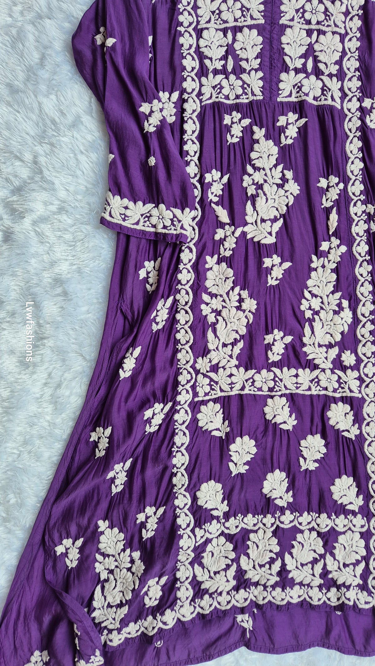 Beautiful premium silk Chikankari midi tunic by LVW Fashions, handmade Lucknow Chikankari kurta in intricate embroidery.