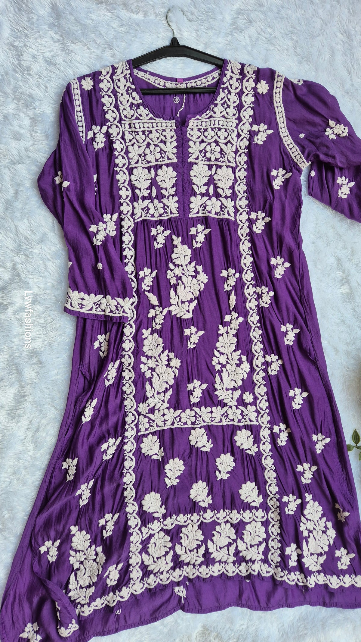 Beautiful premium silk Chikankari midi tunic by LVW Fashions, handcrafted Lucknow Chikankari kurta with intricate embroidery.
