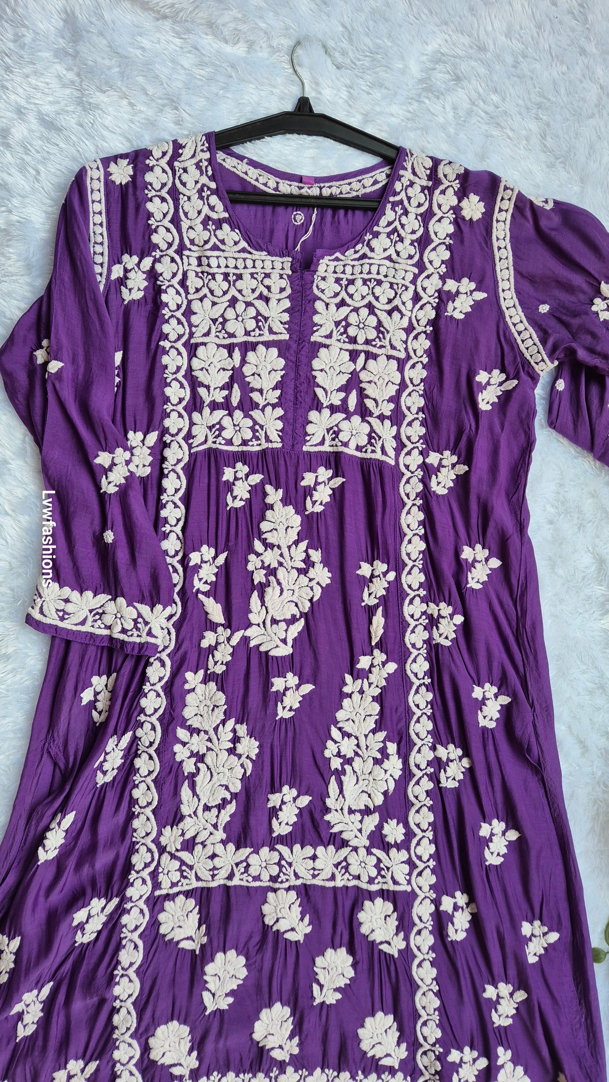 Beautiful premium silk chikankari midi tunic by LVW Fashions with intricate handmade Lucknow chikankari embroidery.