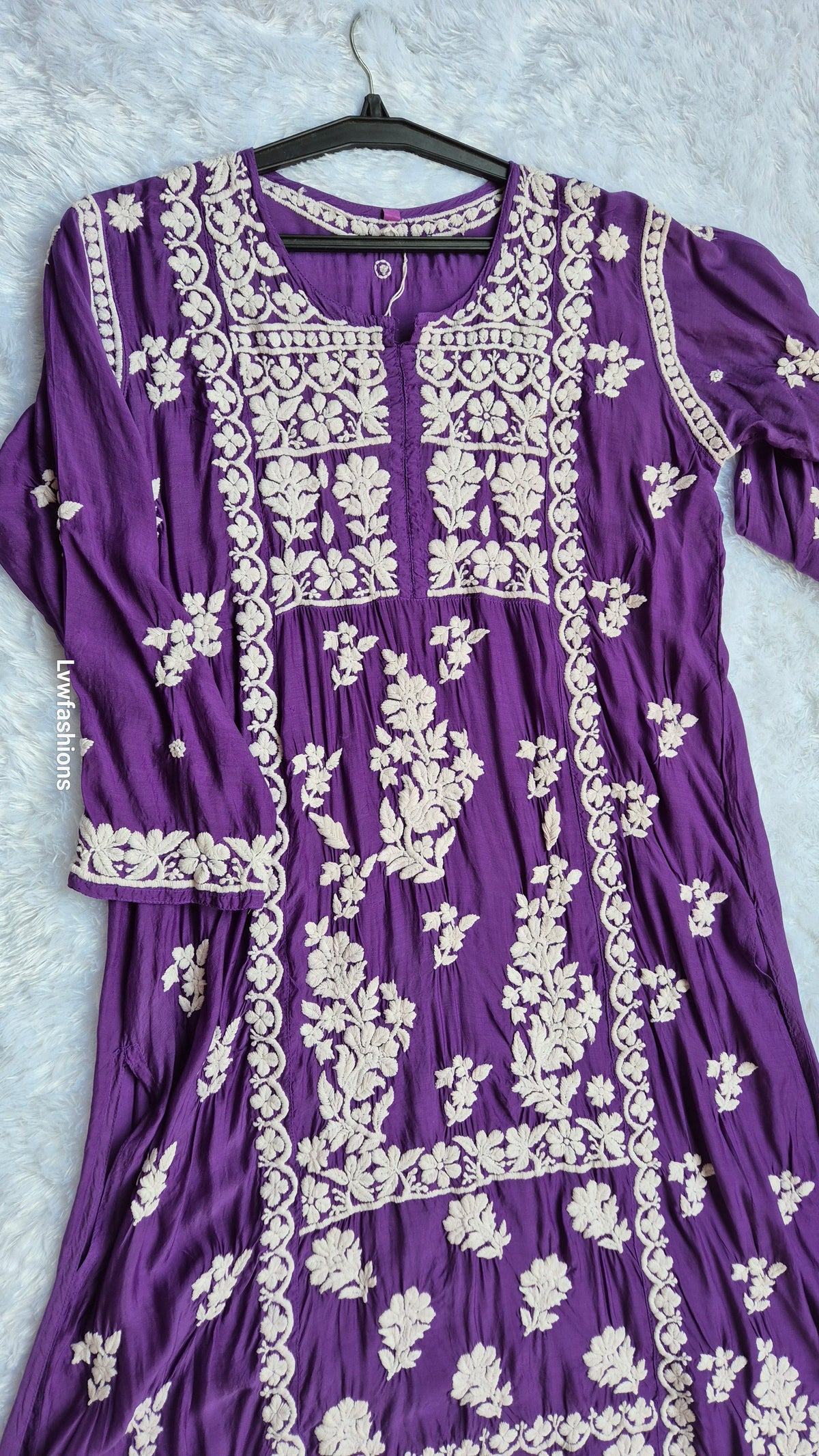 Beautiful premium silk Chikankari midi tunic by LVW Fashions featuring intricate Lucknow Chikankari embroidery, handmade kurta.
