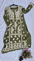 Bottle green premium silk Chikankari tunic by LVW Fashions showcasing intricate handmade Lucknow Chikankari embroidery.