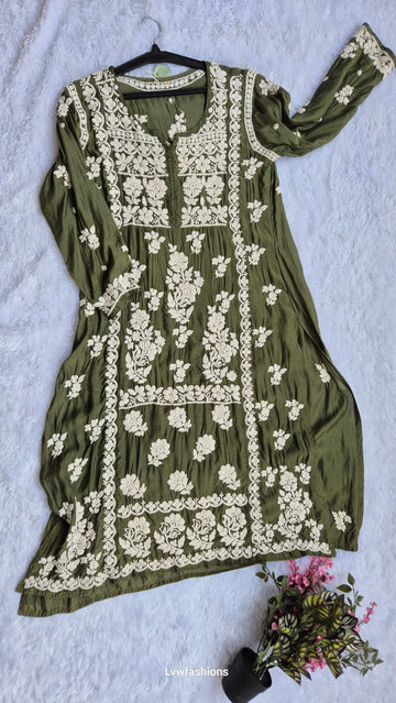 Bottle green premium silk Chikankari tunic by LVW Fashions showcasing intricate handmade Lucknow Chikankari embroidery.