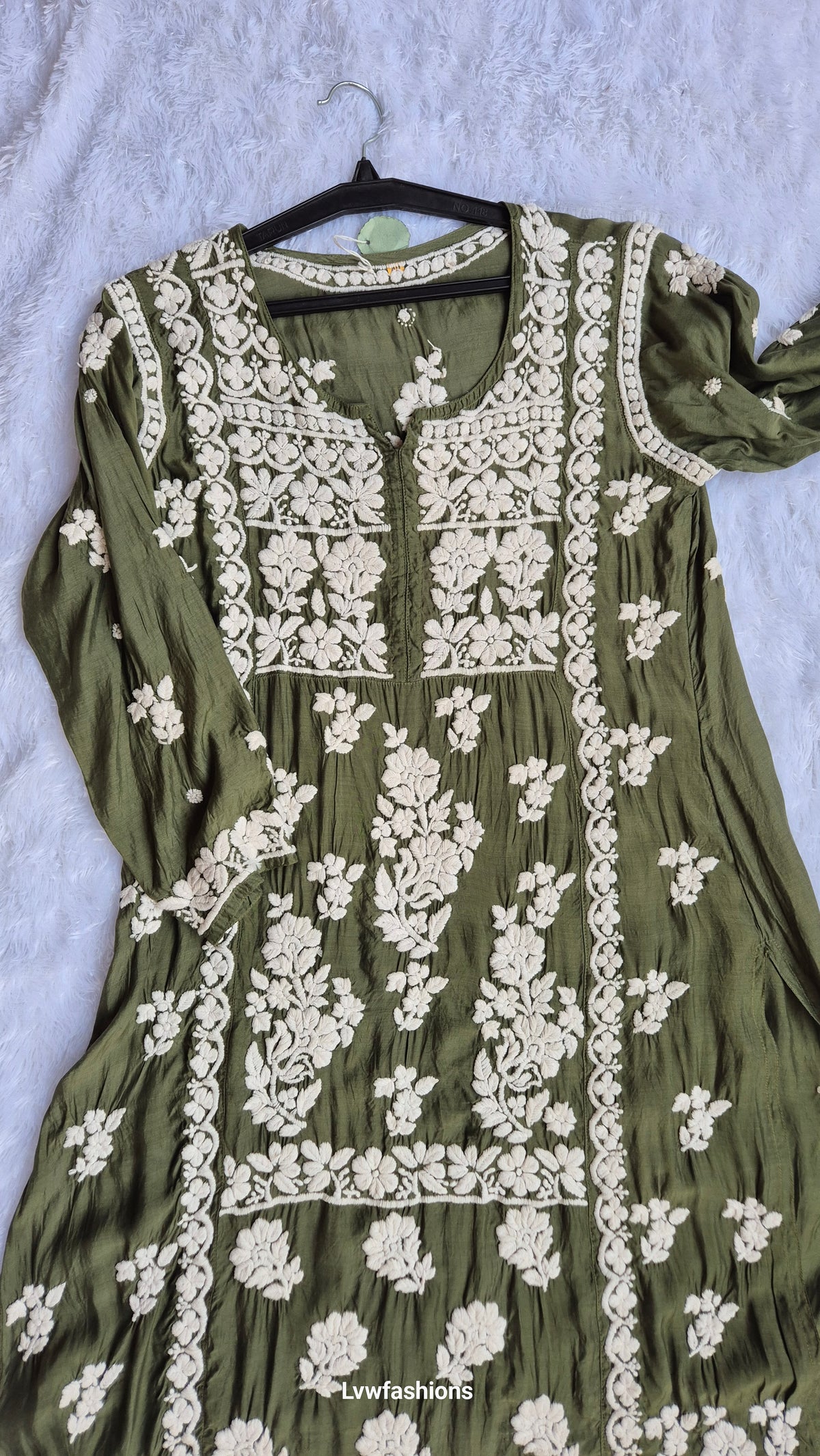 Bottle green premium silk Chikankari tunic by LVW Fashions, handmade Lucknow Chikankari kurta with intricate embroidery.