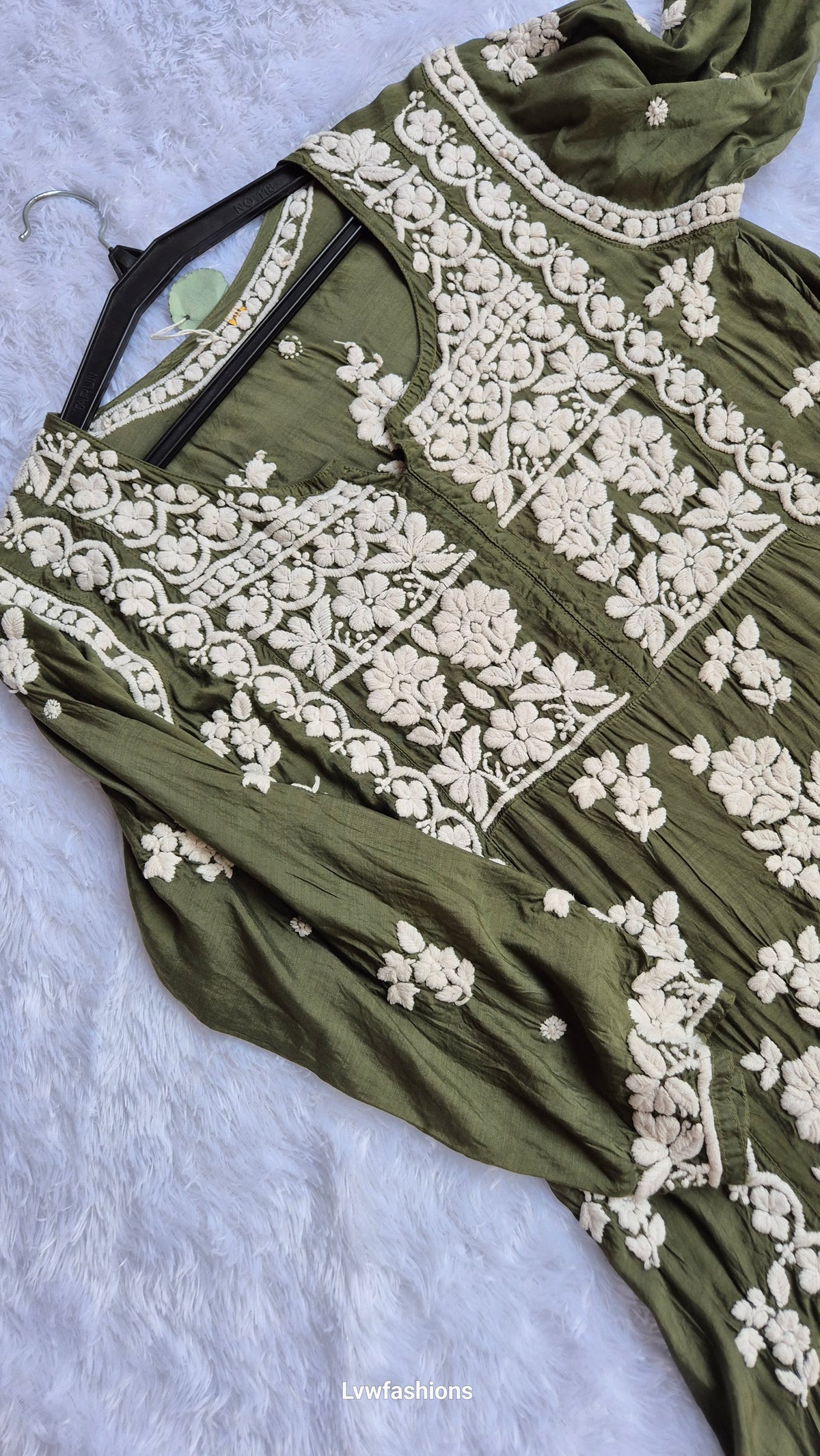 Bottle green silk Chikankari tunic by LVW Fashions, handmade Lucknow Chikankari kurta with intricate embroidery.
