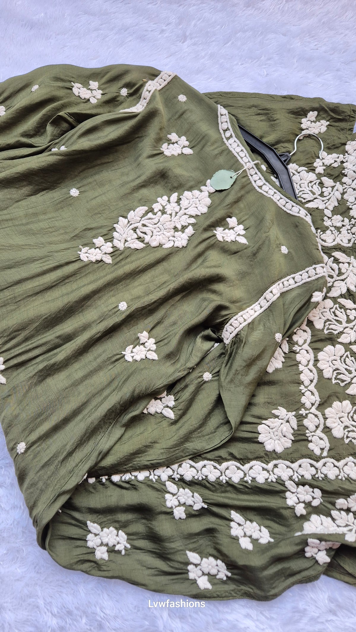 Bottle green silk Chikankari tunic by LVW Fashions, handmade Lucknow kurta with intricate embroidered chikankari detail.