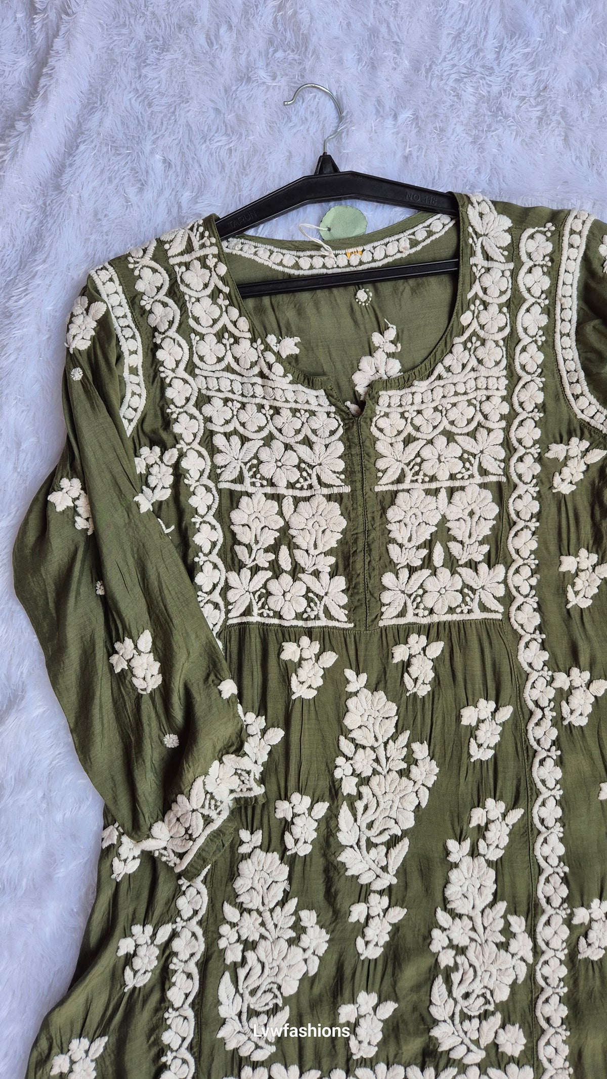 Bottle green silk Chikankari tunic by LVW Fashions, handmade Lucknow Chikankari kurta with intricate embroidery.