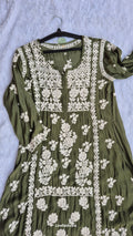 Bottle green silk chikankari tunic by LVW Fashions featuring intricate handmade Lucknow chikankari embroidery.