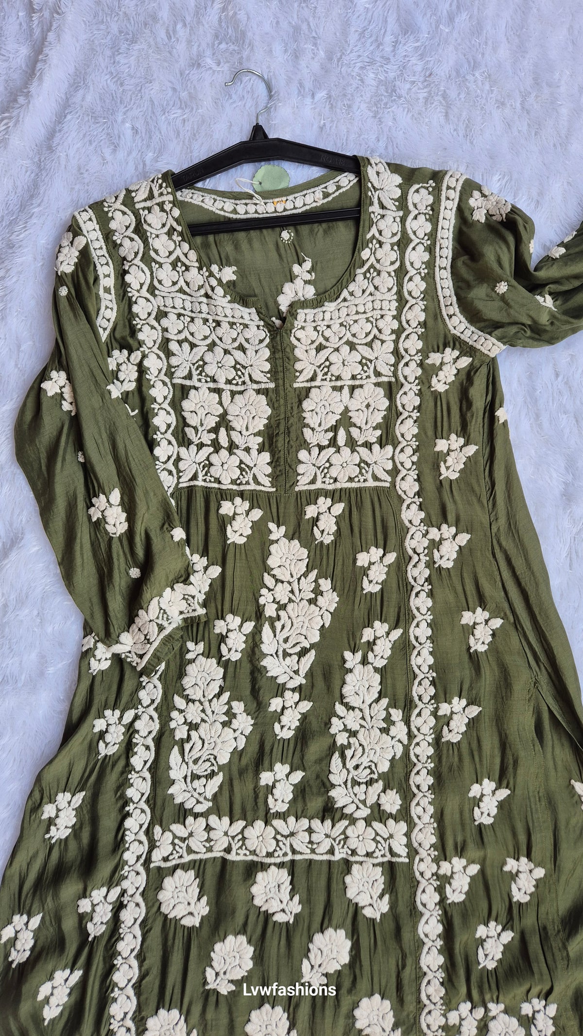 Bottle green silk chikankari tunic by LVW Fashions featuring intricate handmade Lucknow chikankari embroidery.