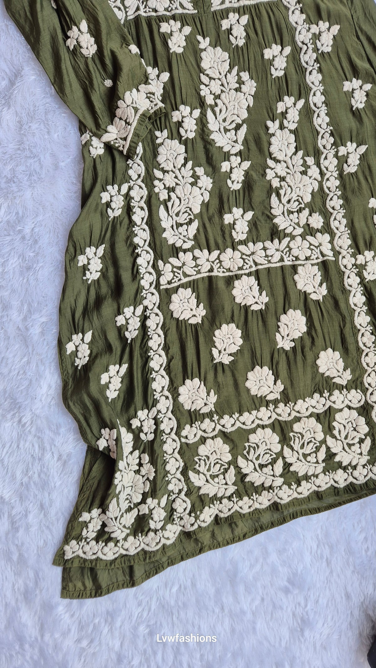 Bottle green premium silk Chikankari tunic by LVW Fashions, handmade Kurta with intricate Lucknow embroidery and elegant design.