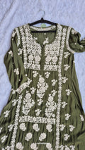 Bottle green silk chikankari tunic by LVW Fashions, handmade Lucknow chikankari kurta with intricate embroidery.