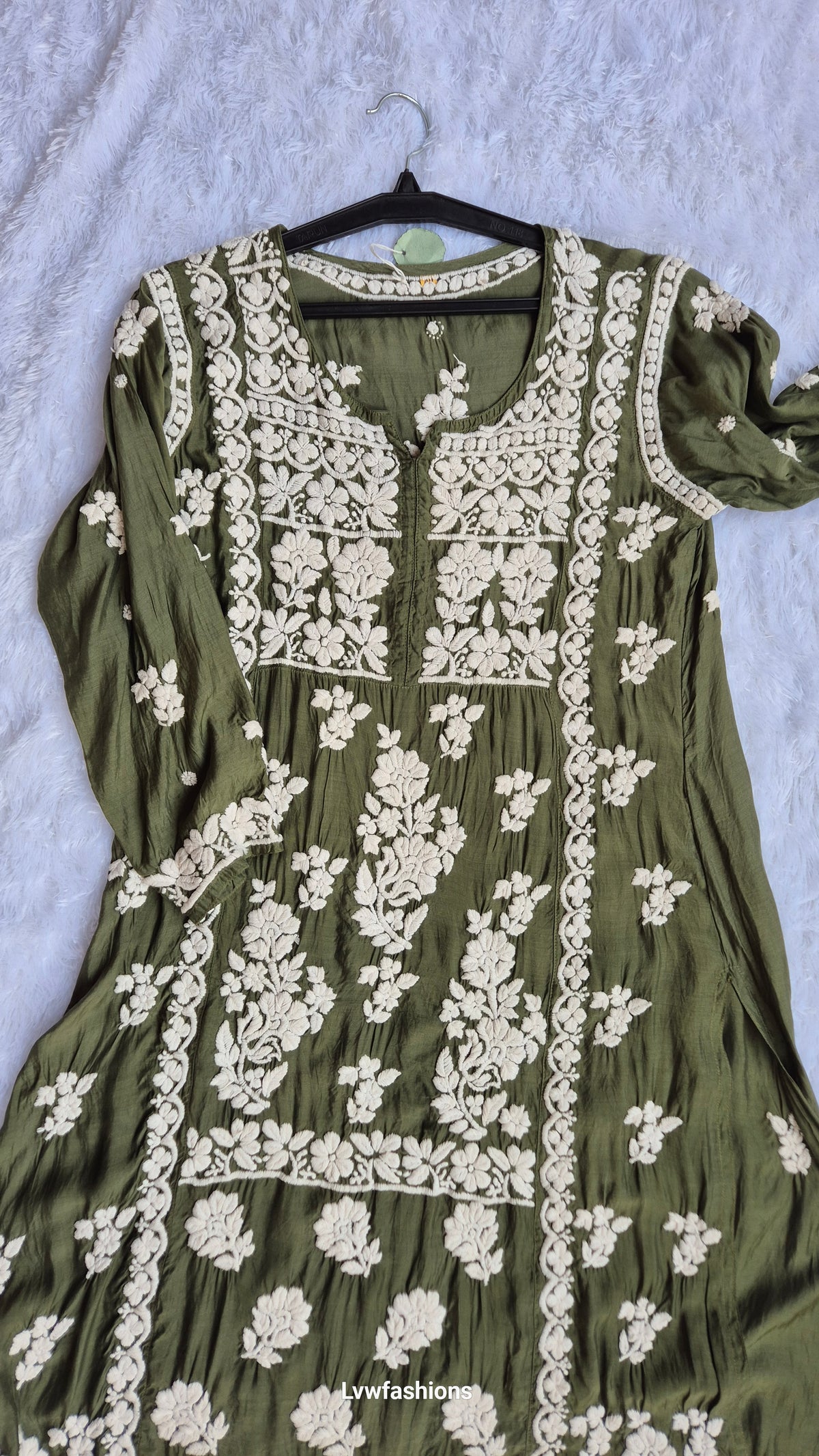 Bottle green silk chikankari tunic by LVW Fashions, handmade Lucknow chikankari kurta with intricate embroidery.