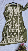 Bottle green silk Chikankari tunic by LVW Fashions, handcrafted Lucknow kurta with intricate embroidery, short style for women.