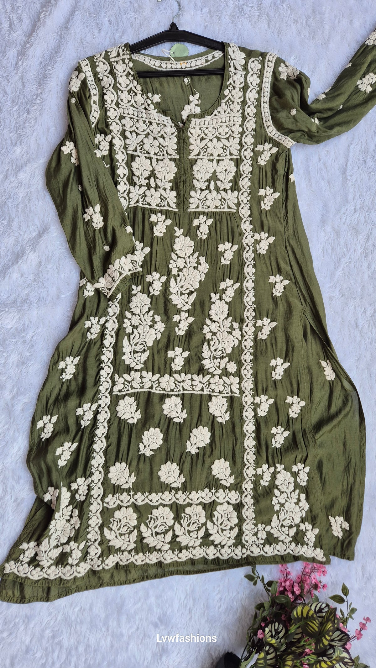 Bottle green silk Chikankari tunic by LVW Fashions, handcrafted Lucknow kurta with intricate embroidery, short style for women.
