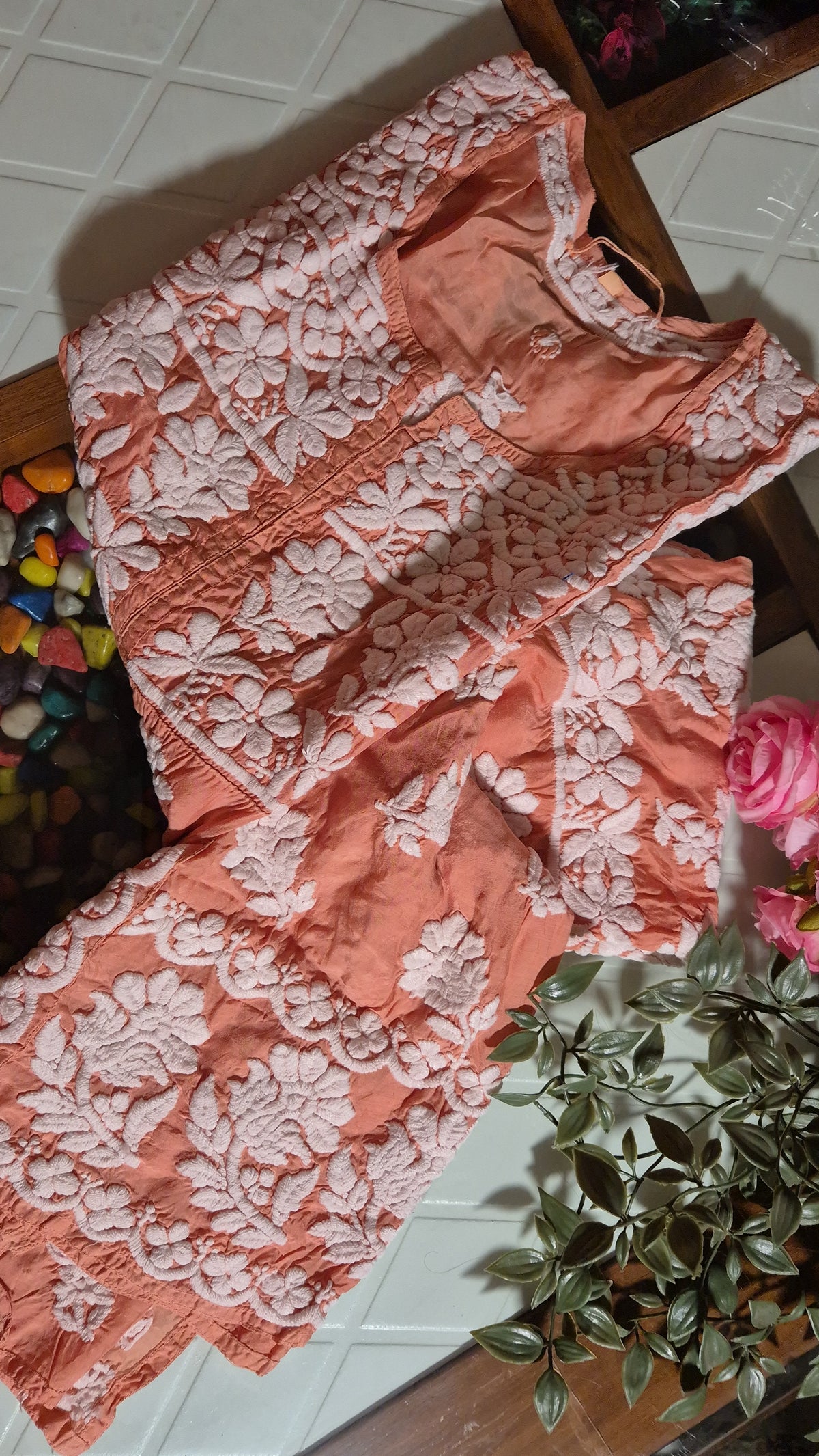 Chestnut premium silk handmade Chikankari tunic by LVW Fashions featuring intricate Lucknow Chikankari embroidery.