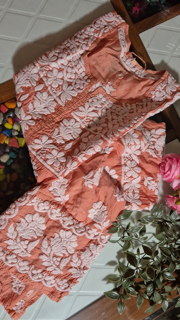 Chestnut premium silk handmade Chikankari tunic by LVW Fashions featuring intricate Lucknow Chikankari embroidery.