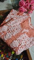 Chestnut premium silk handmade Chikankari tunic by LVW Fashions, luxurious pure Lucknow Chikankari kurta, front view.