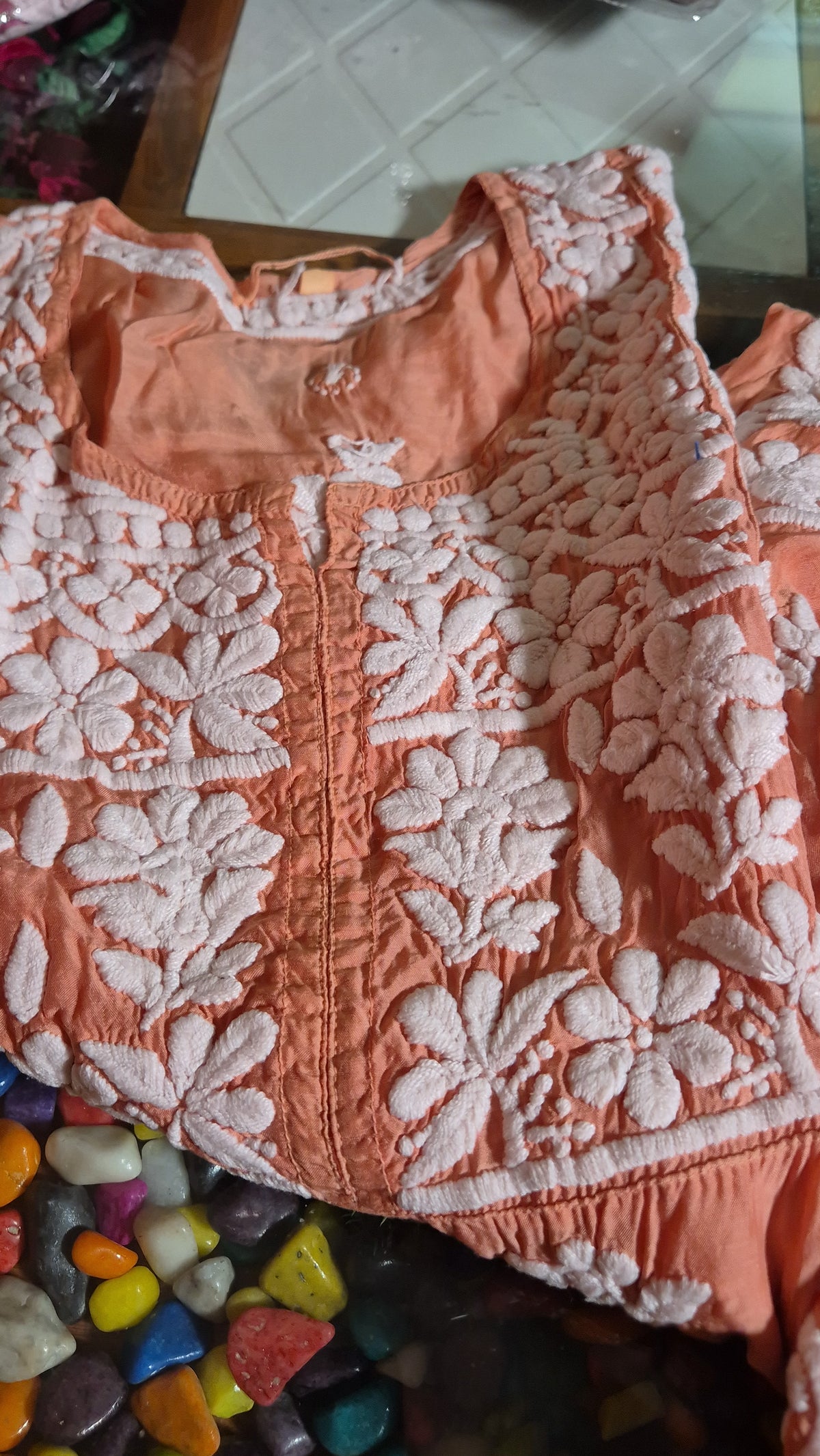 Chestnut premium silk handmade Chikankari tunic by LVW Fashions featuring intricate Lucknow-style embroidery.