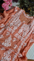 Chestnut premium silk Chikankari tunic by LVW Fashions, luxurious handmade Lucknow Chikankari kurta in a pure, elegant design.