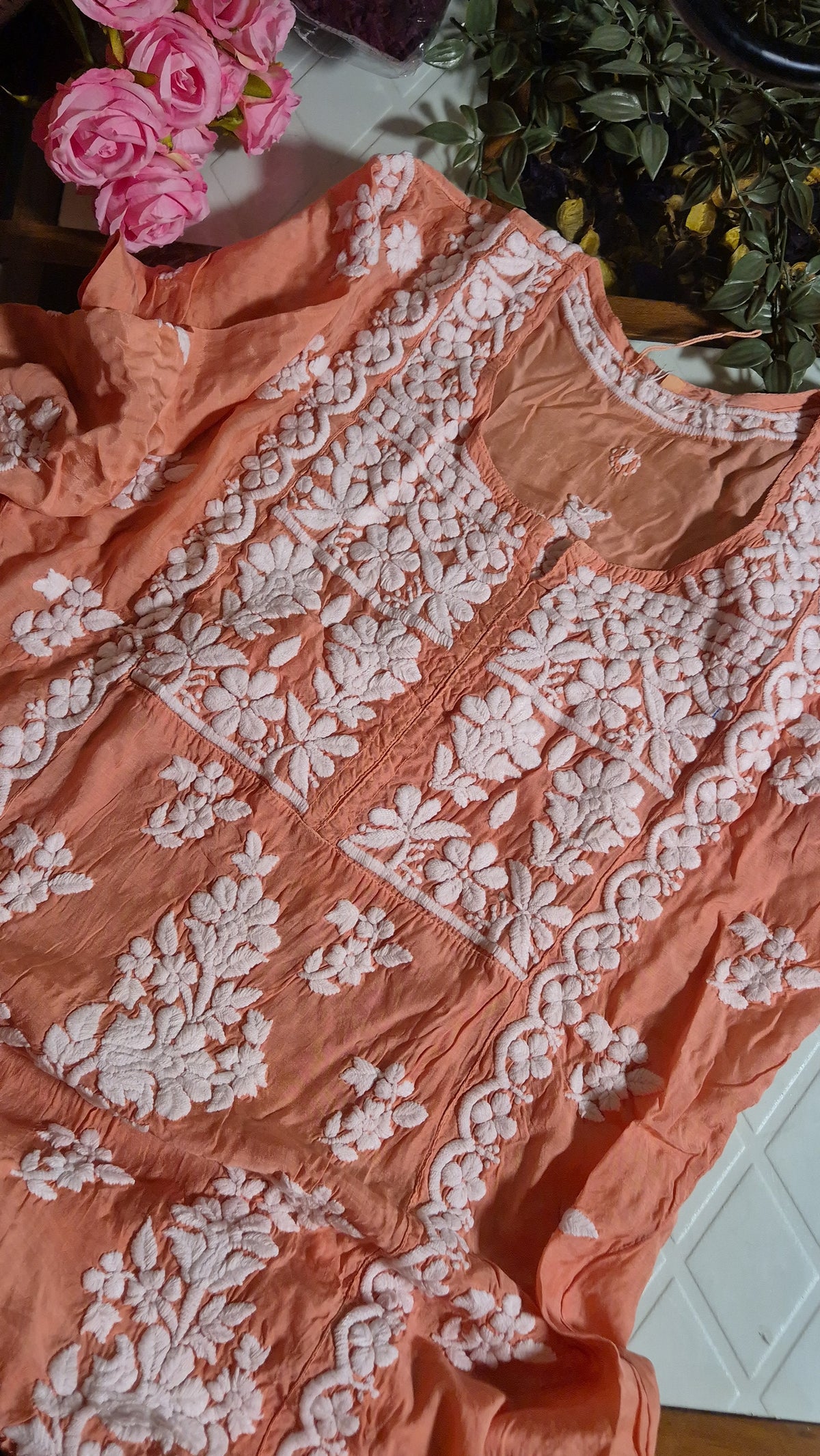 Chestnut premium silk Chikankari tunic by LVW Fashions, luxurious handmade Lucknow Chikankari kurta in a pure, elegant design.