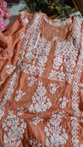Chestnut luxury silk chikankari tunic by LVW Fashions, handmade pure silk kurta with intricate Lucknow chikankari embroidery.