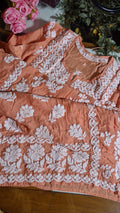 Chestnut premium silk handmade Chikankari tunic by LVW Fashions featuring intricate Lucknow Chikankari embroidery.