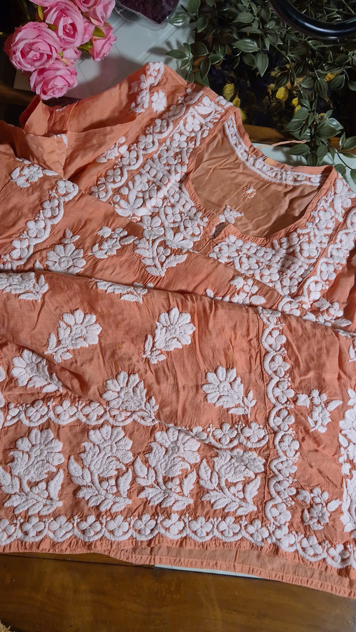 Chestnut premium silk handmade Chikankari tunic by LVW Fashions featuring intricate Lucknow Chikankari embroidery.