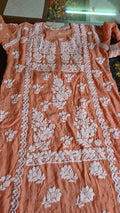 Chestnut premium silk handmade Chikankari tunic by LVW Fashions, luxurious pure Lucknow Chikankari kurta, front view showing intricate embroidery.