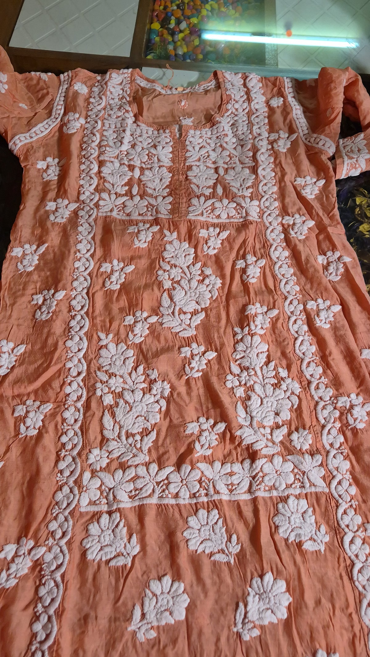 Chestnut premium silk handmade Chikankari tunic by LVW Fashions, luxurious pure Lucknow Chikankari kurta, front view showing intricate embroidery.