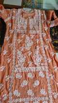 Chestnut premium silk handmade Chikankari tunic by LVW Fashions, luxurious pure Lucknow Chikankari kurta, elegant and intricate design