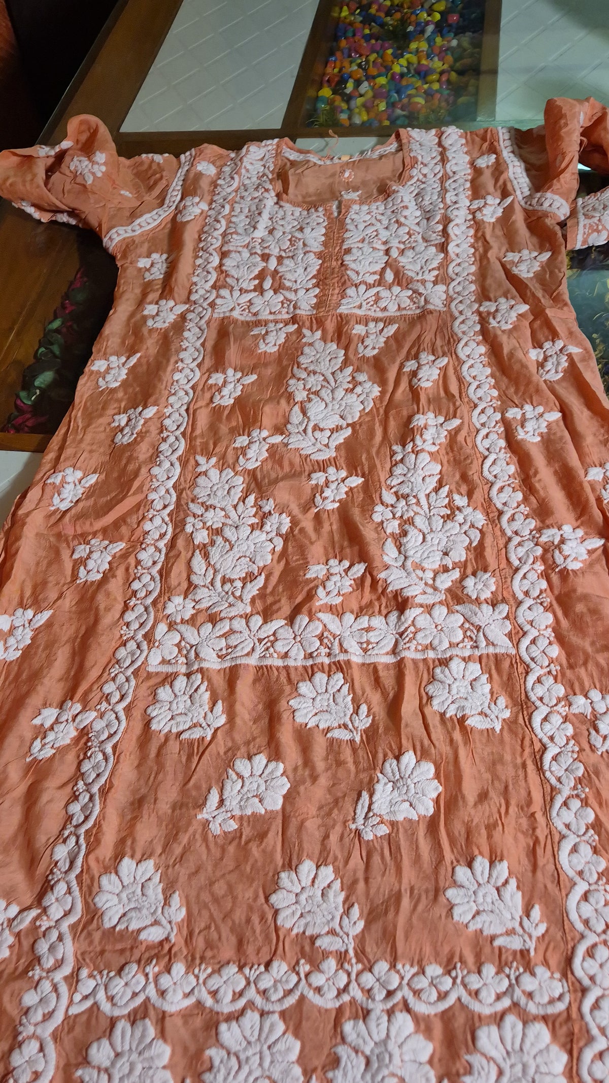 Chestnut premium silk Chikankari tunic by LVW Fashions, handmade pure Lucknow Chikankari kurta with intricate embroidery.
