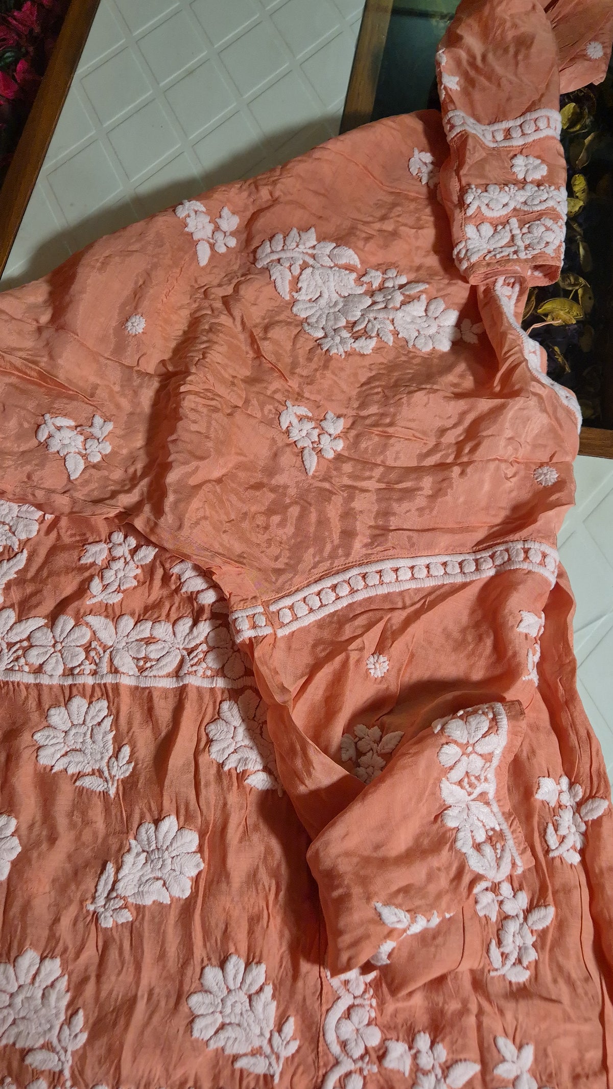 Chestnut premium silk handmade Chikankari tunic by LVW Fashions featuring intricate Lucknow-style embroidery.