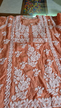 Chestnut premium silk handmade Chikankari tunic by LVW Fashions, luxurious pure Lucknow Chikankari kurta, XXS size.