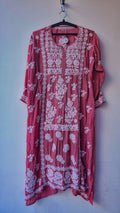Deep Ruby premium crepe silk Chikankari tunic by LVW Fashions, featuring intricate handmade Lucknow Chikankari embroidery.