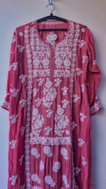 Deep Ruby Premium Crepe Silk Chikankari Tunic by LVW Fashions, handmade Lucknow Chikankari kurta with intricate embroidery.
