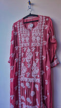 Deep Ruby premium crepe silk Chikankari tunic by LVW Fashions featuring intricate handmade Lucknow Chikankari embroidery.