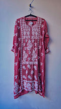 Deep Ruby Premium Crepe Silk Chikankari Tunic by LVW Fashions, featuring intricate handmade Lucknow Chikankari embroidery.