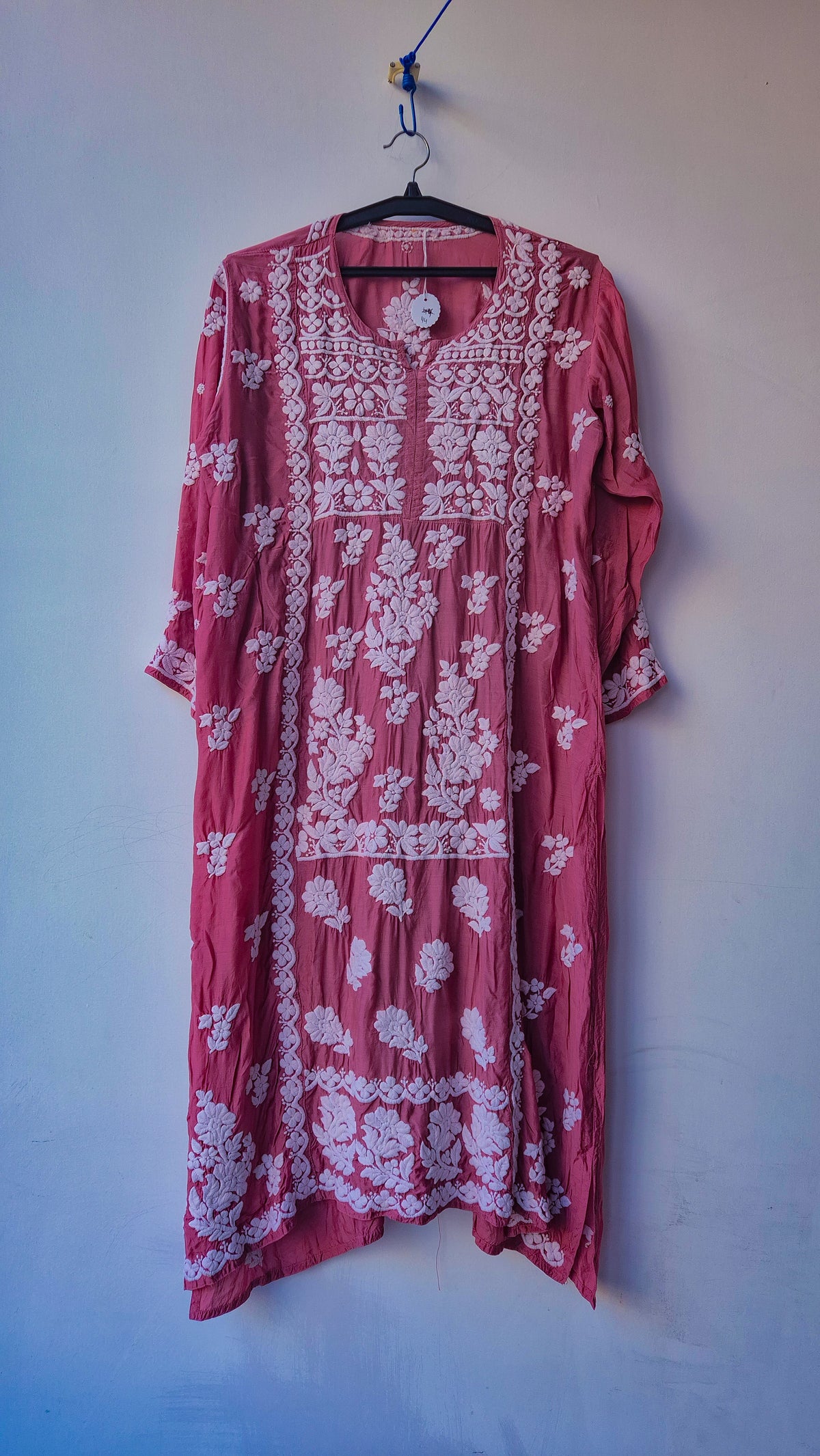 Deep Ruby Premium Crepe Silk Chikankari Tunic by LVW Fashions, featuring intricate handmade Lucknow Chikankari embroidery.