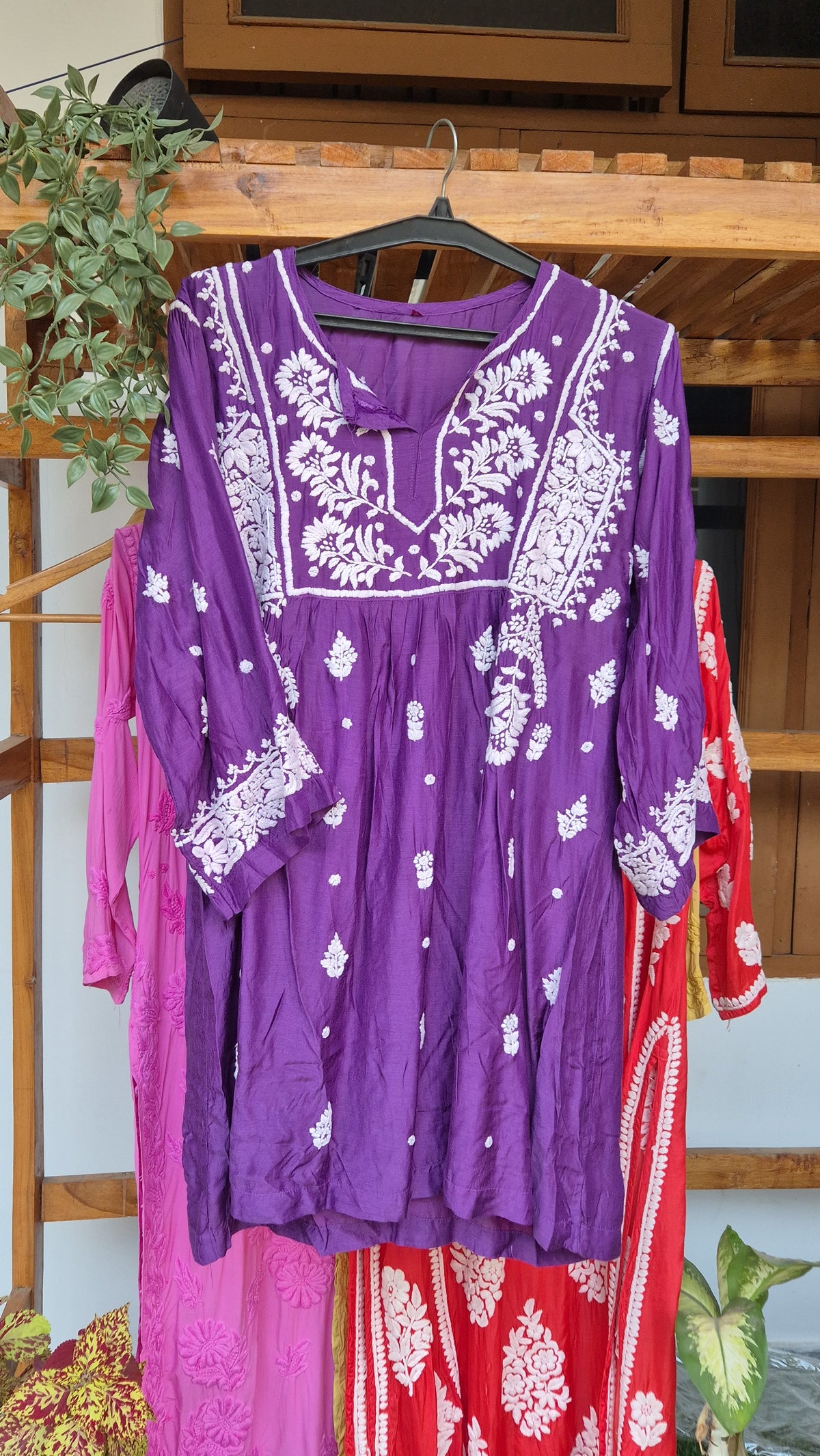 Eminence Broad Sleeves Premium Silk Chikankari Tunic by LVW Fashions, handmade Lucknow chikankari kurta in soft silk fabric.
