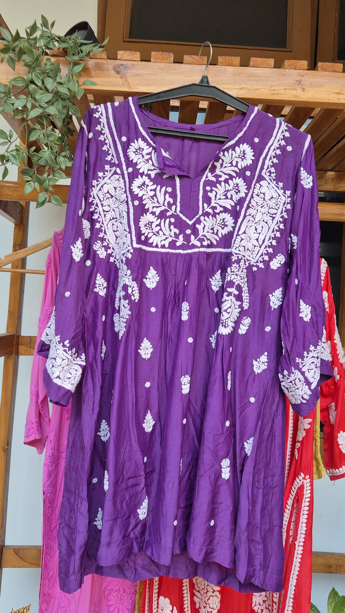 Eminence Broad Sleeves Premium Silk Chikankari Tunic by LVW Fashions, handmade Lucknow Chikankari kurta in elegant silk fabric.