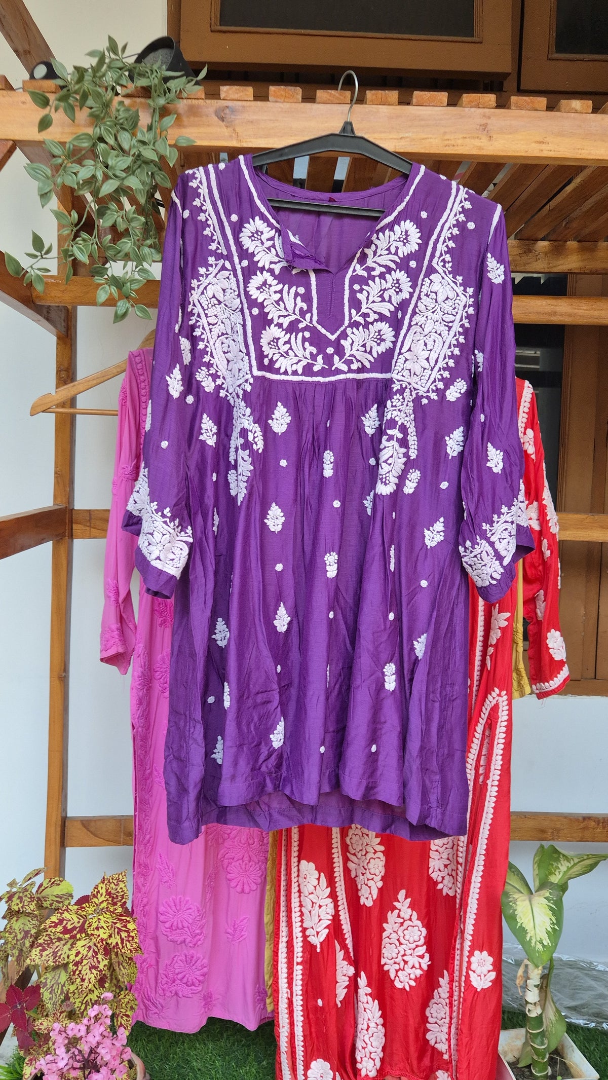 Eminence broad sleeves premium silk Chikankari tunic by LVW Fashions, handcrafted Lucknow Chikankari kurta in soft silk fabric.