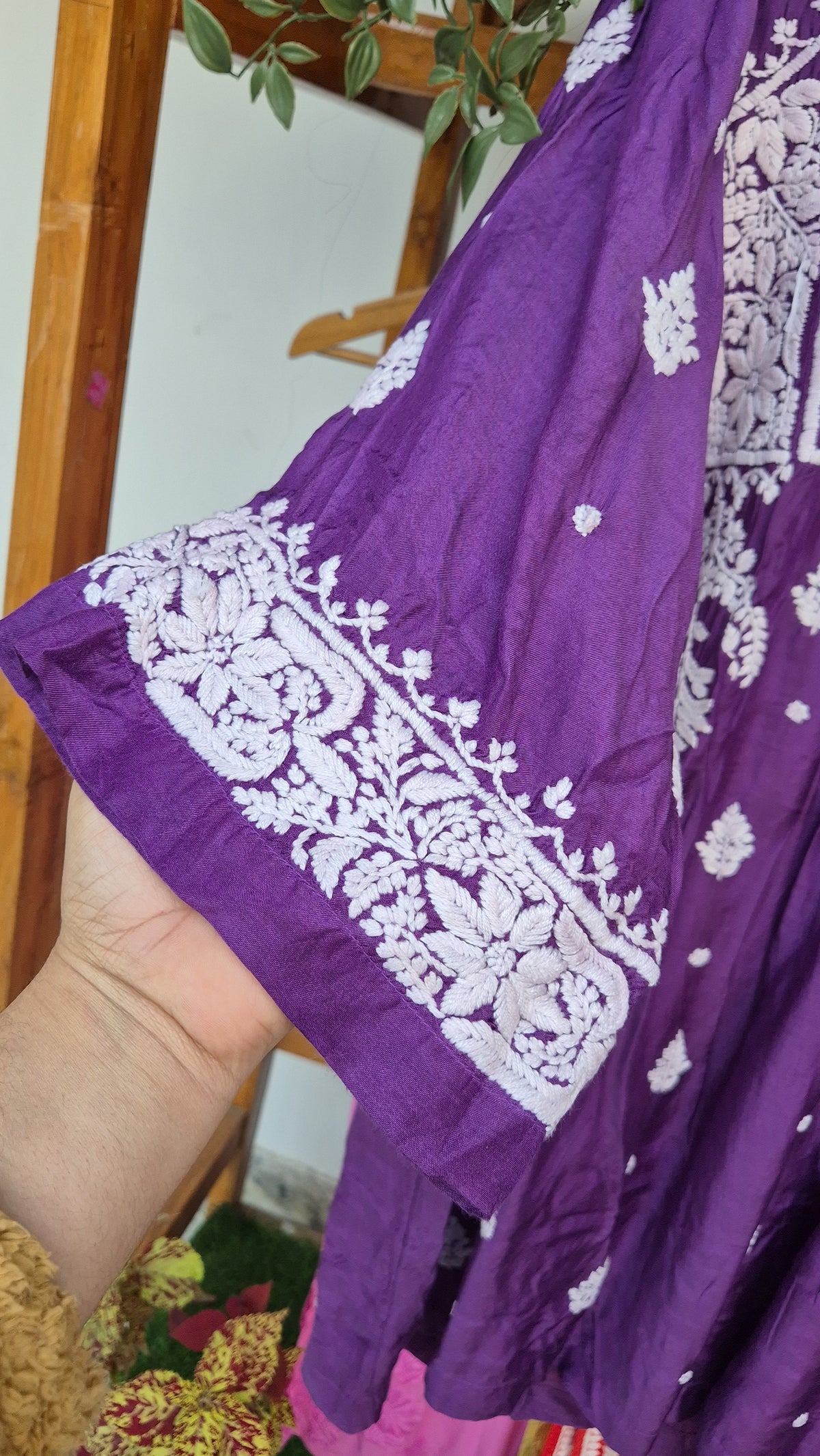 Eminence Broad Sleeves Premium Silk Chikankari Tunic by LVW Fashions, handmade Lucknow Chikankari kurta with intricate embroidery.