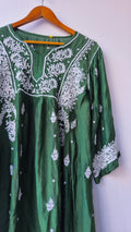 Smoky green premium silk Chikankari tunic by LVW Fashions, handmade Lucknow Chikankari kurta with intricate embroidery.